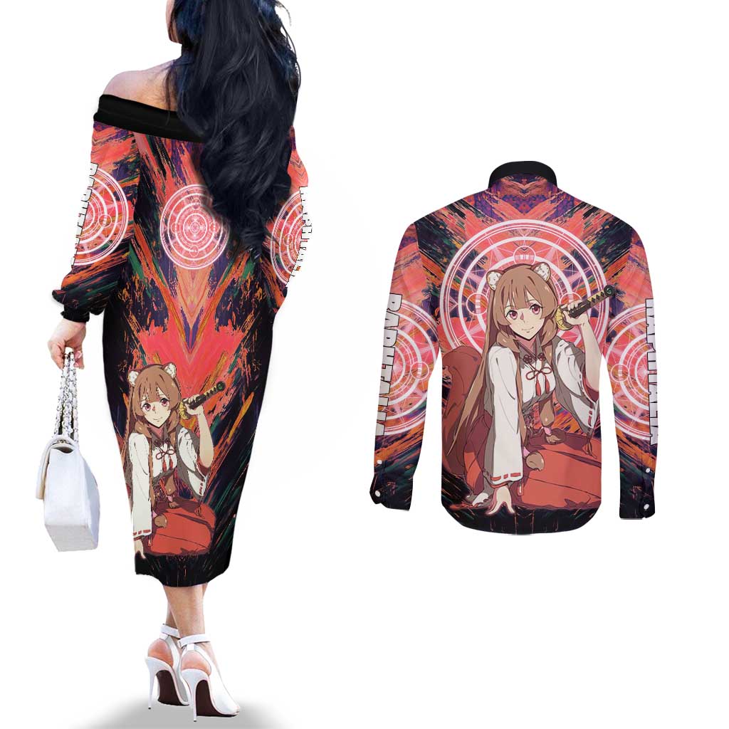 Raphtalia The Rising of the Shield Hero Couples Matching Off The Shoulder Long Sleeve Dress and Long Sleeve Button Shirt with Magical Circle Effects and Energetic Battle Pose - The Mazicc
