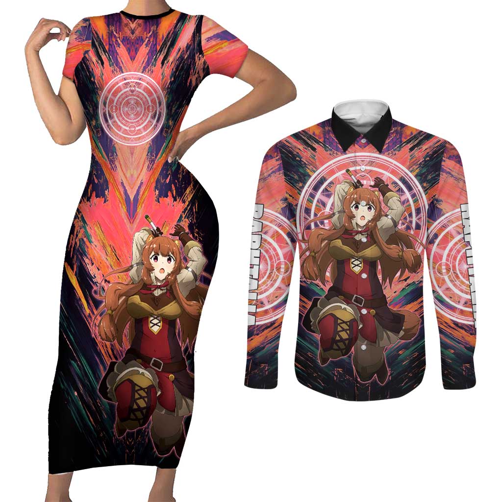 Raphtalia The Rising of the Shield Hero Couples Matching Short Sleeve Bodycon Dress and Long Sleeve Button Shirt with Magical Circle Effects and Energetic Battle Pose - The Mazicc
