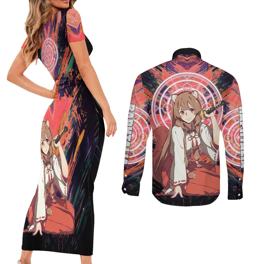 Raphtalia The Rising of the Shield Hero Couples Matching Short Sleeve Bodycon Dress and Long Sleeve Button Shirt with Magical Circle Effects and Energetic Battle Pose - The Mazicc