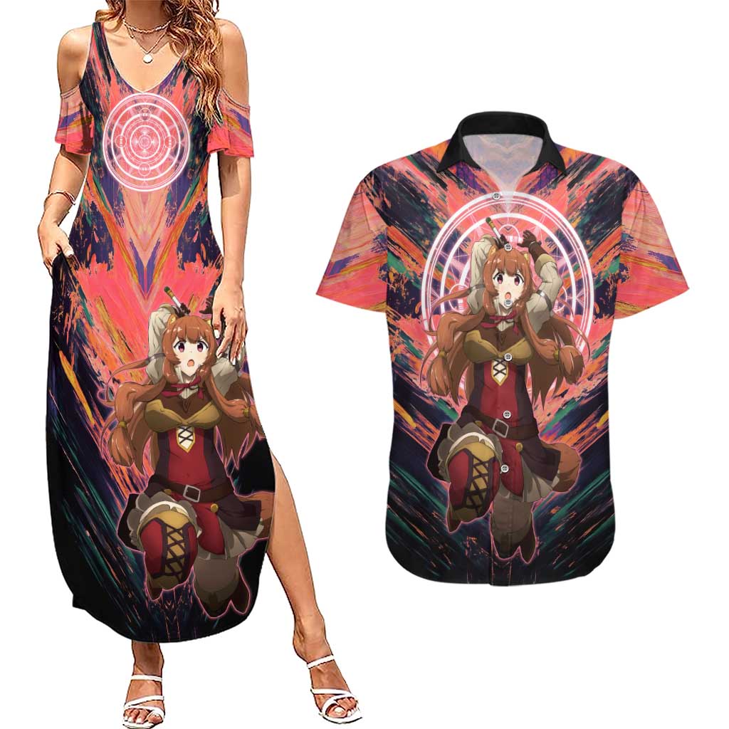 Raphtalia The Rising of the Shield Hero Couples Matching Summer Maxi Dress and Hawaiian Shirt with Magical Circle Effects and Energetic Battle Pose - The Mazicc