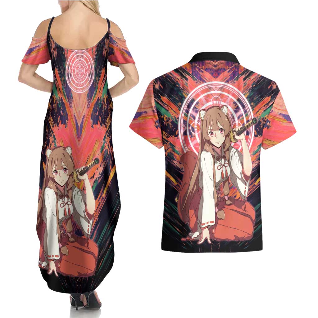 Raphtalia The Rising of the Shield Hero Couples Matching Summer Maxi Dress and Hawaiian Shirt with Magical Circle Effects and Energetic Battle Pose - The Mazicc