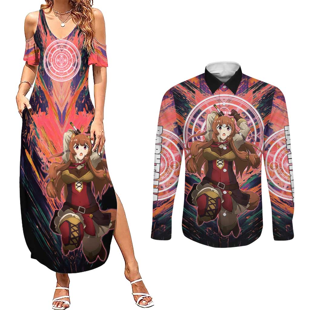 Raphtalia The Rising of the Shield Hero Couples Matching Summer Maxi Dress and Long Sleeve Button Shirt with Magical Circle Effects and Energetic Battle Pose - The Mazicc