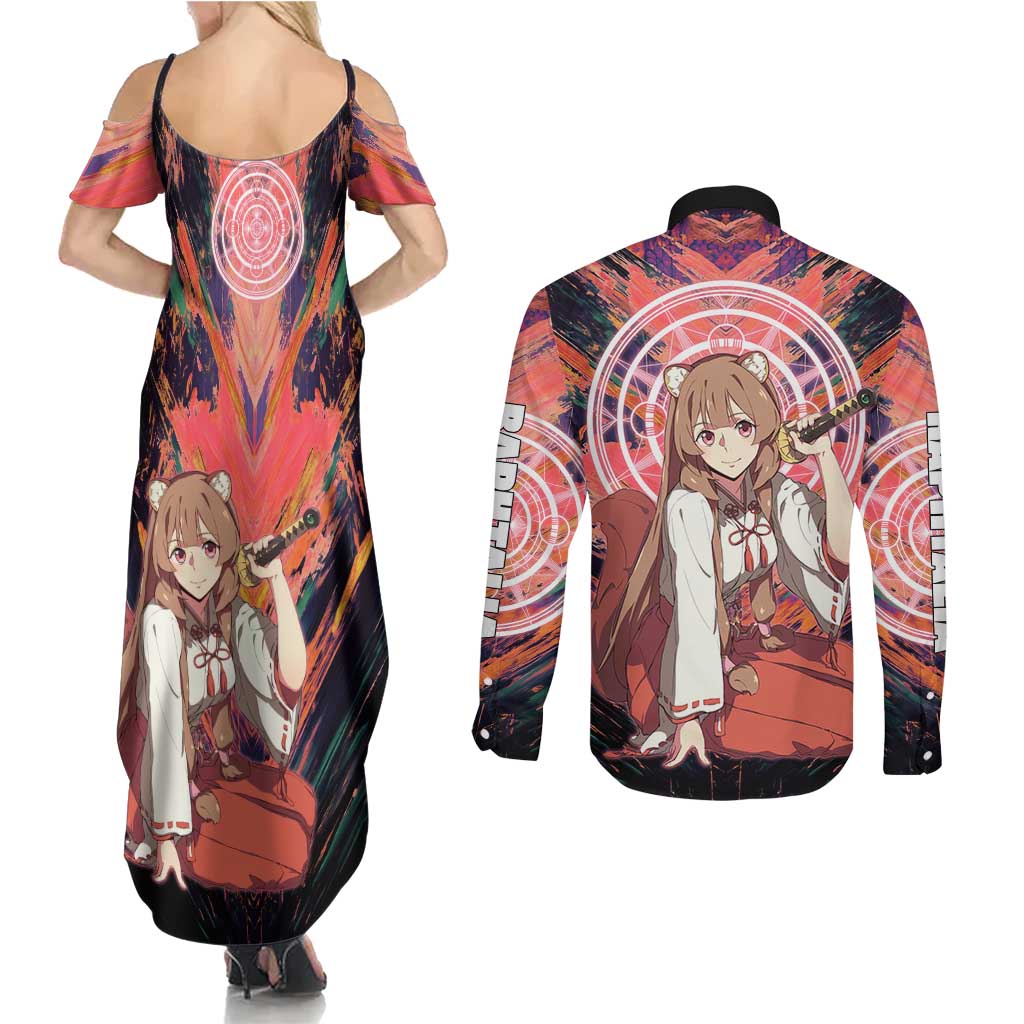 Raphtalia The Rising of the Shield Hero Couples Matching Summer Maxi Dress and Long Sleeve Button Shirt with Magical Circle Effects and Energetic Battle Pose - The Mazicc