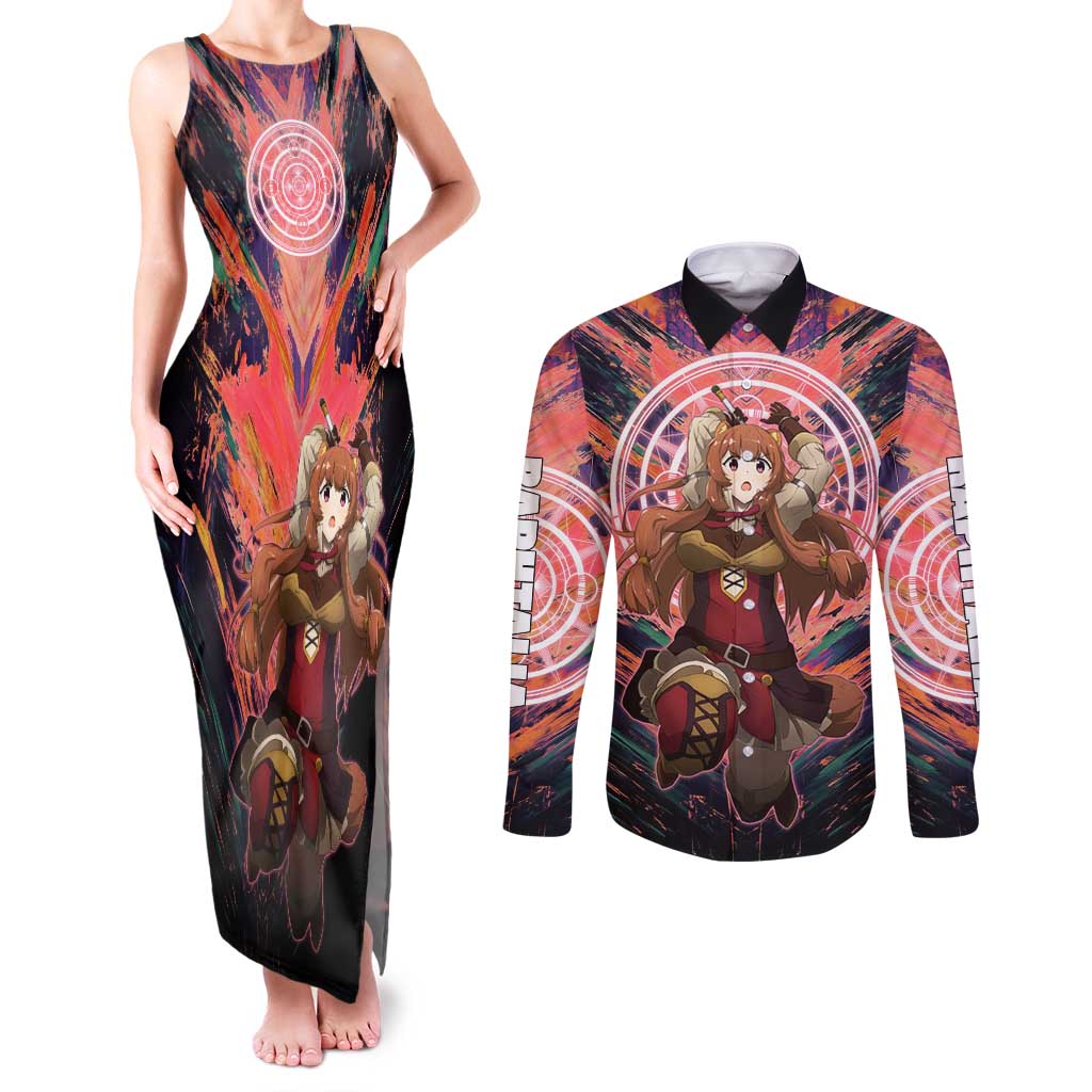 Raphtalia The Rising of the Shield Hero Couples Matching Tank Maxi Dress and Long Sleeve Button Shirt with Magical Circle Effects and Energetic Battle Pose - The Mazicc