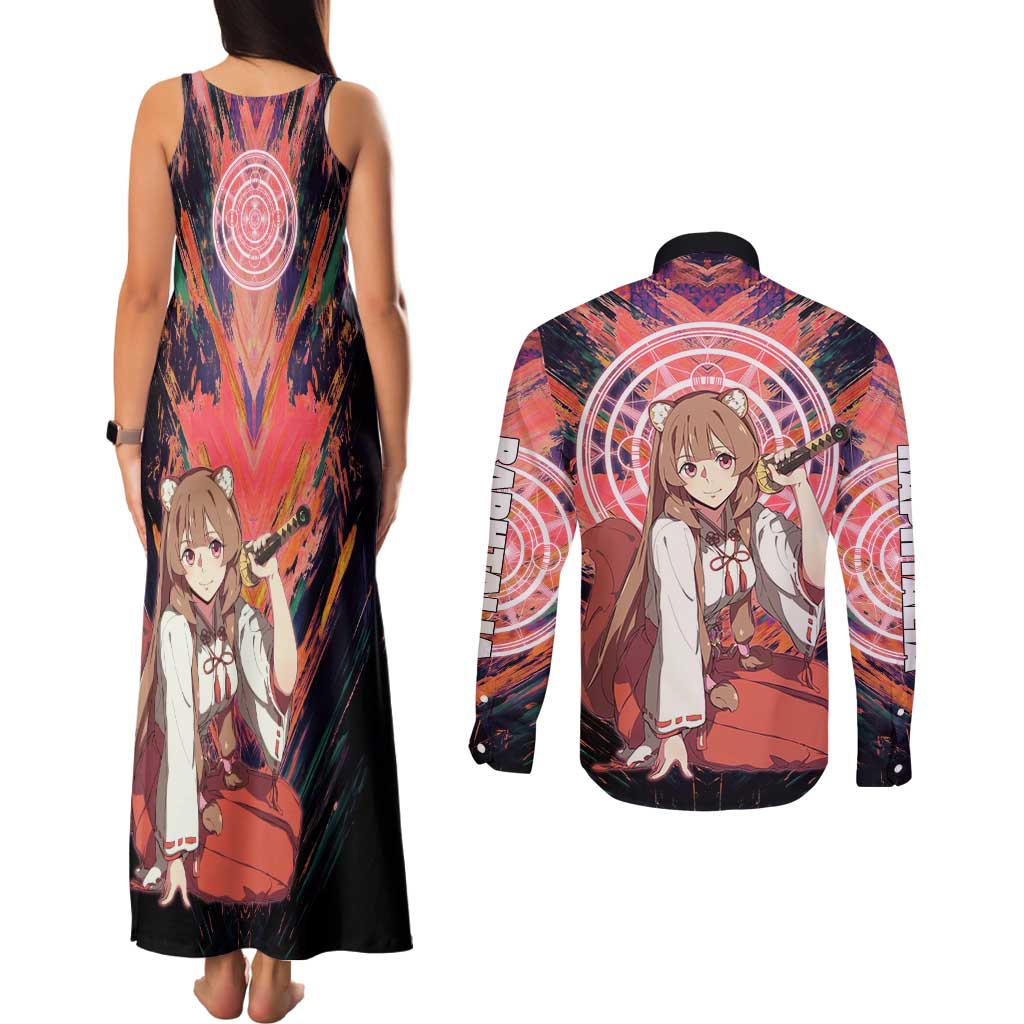 Raphtalia The Rising of the Shield Hero Couples Matching Tank Maxi Dress and Long Sleeve Button Shirt with Magical Circle Effects and Energetic Battle Pose - The Mazicc