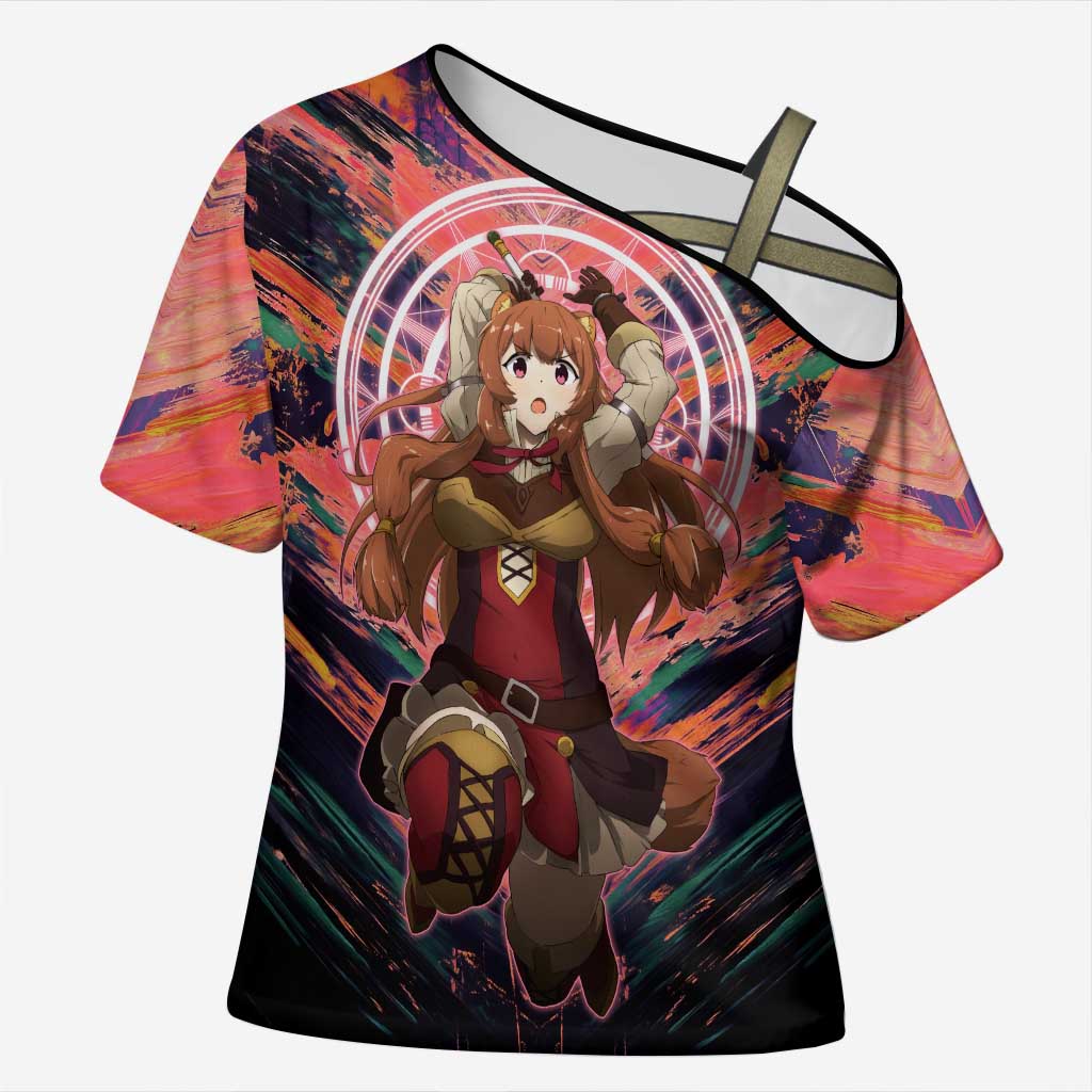 Raphtalia The Rising of the Shield Hero Cross Shoulder Shirt with Magical Circle Effects and Energetic Battle Pose - The Mazicc