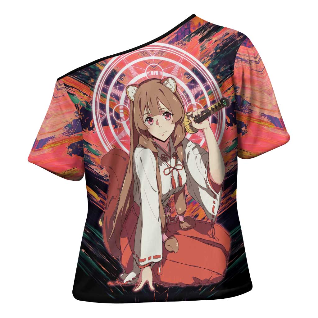 Raphtalia The Rising of the Shield Hero Cross Shoulder Shirt with Magical Circle Effects and Energetic Battle Pose - The Mazicc