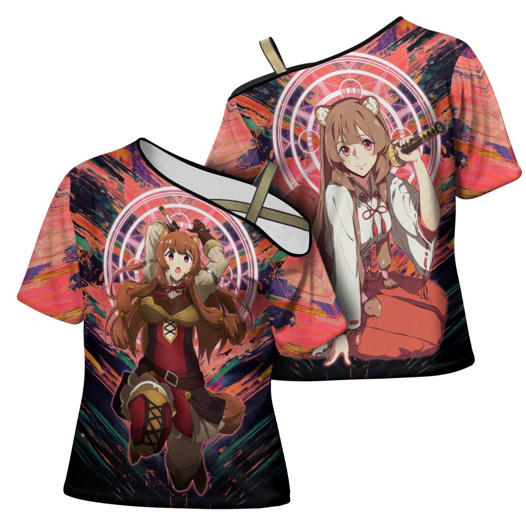 Raphtalia The Rising of the Shield Hero Cross Shoulder Shirt with Magical Circle Effects and Energetic Battle Pose - The Mazicc