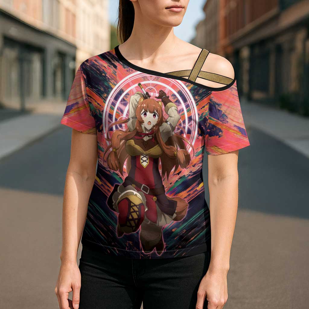 Raphtalia The Rising of the Shield Hero Cross Shoulder Shirt with Magical Circle Effects and Energetic Battle Pose - The Mazicc