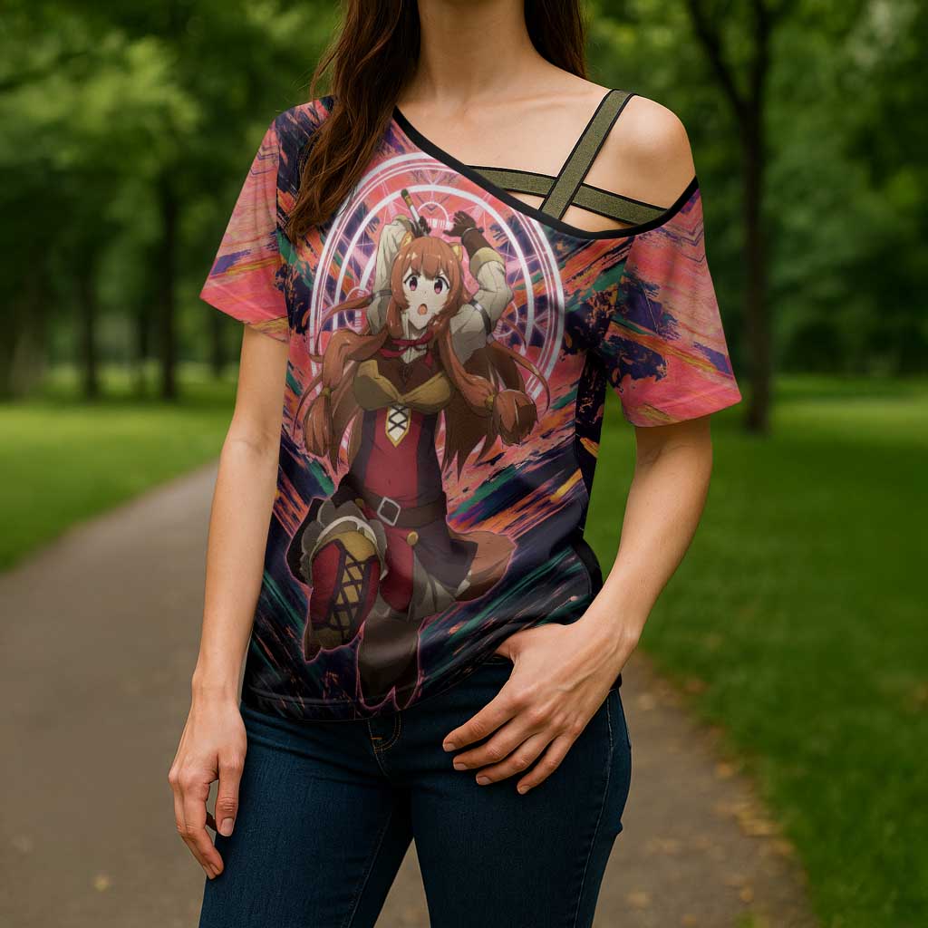 Raphtalia The Rising of the Shield Hero Cross Shoulder Shirt with Magical Circle Effects and Energetic Battle Pose - The Mazicc