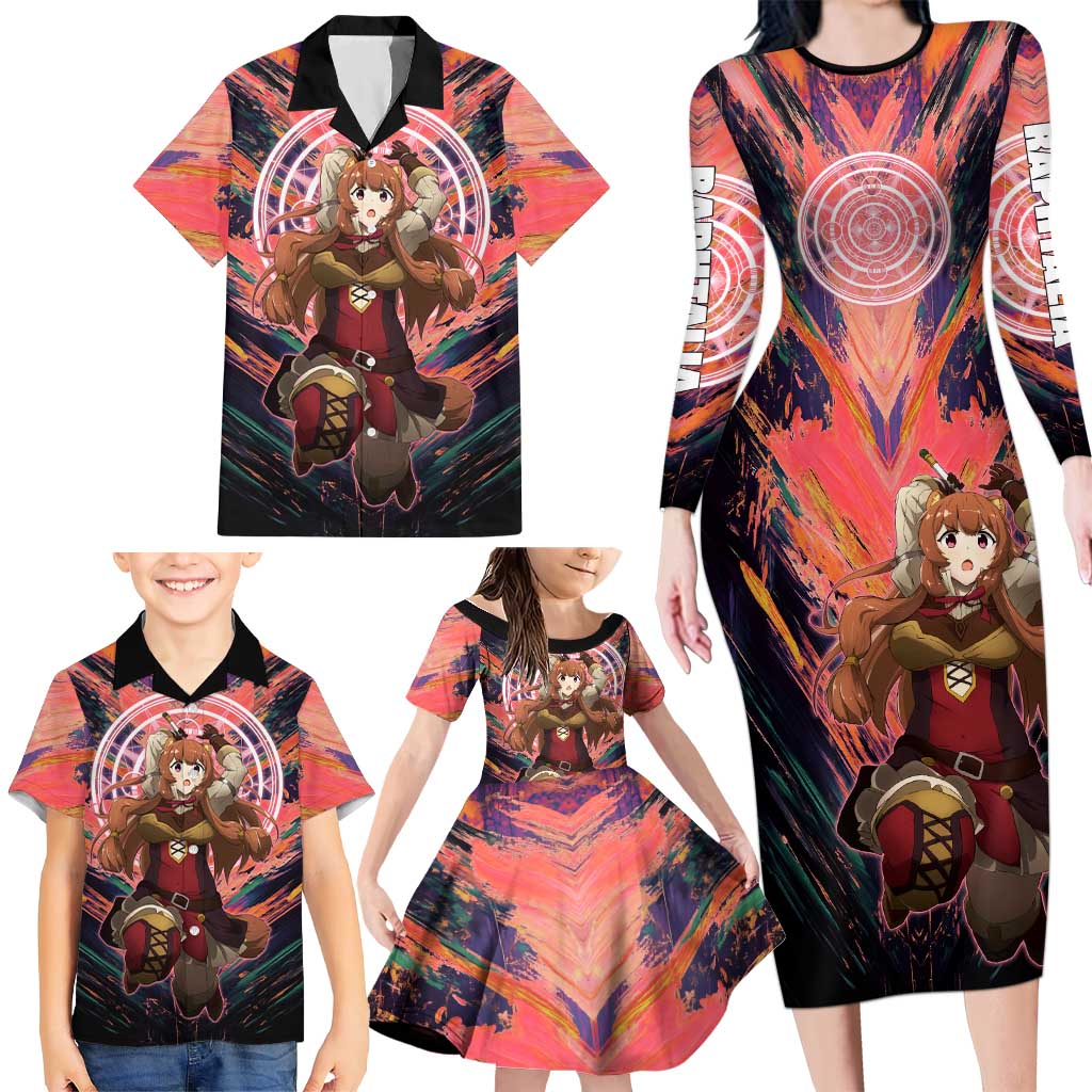 Raphtalia The Rising of the Shield Hero Family Matching Long Sleeve Bodycon Dress and Hawaiian Shirt with Magical Circle Effects and Energetic Battle Pose
