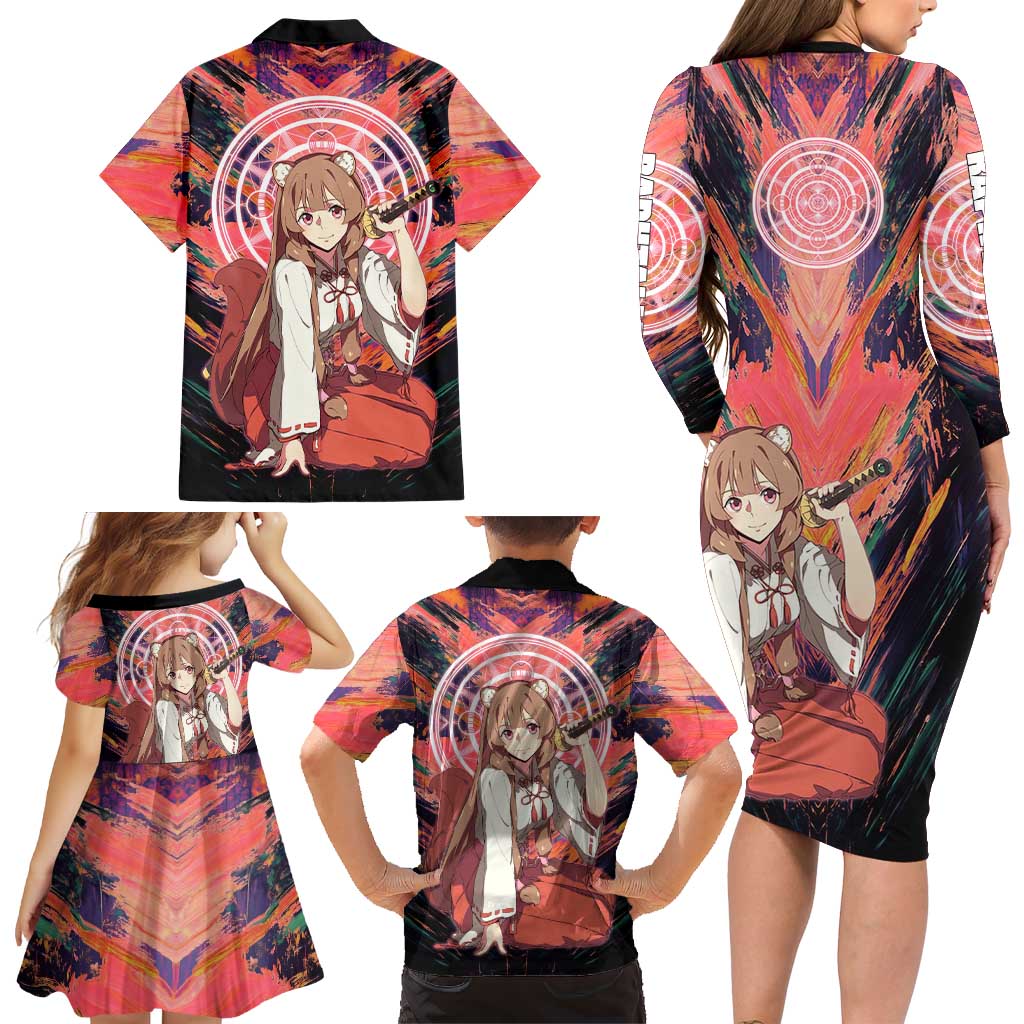 Raphtalia The Rising of the Shield Hero Family Matching Long Sleeve Bodycon Dress and Hawaiian Shirt with Magical Circle Effects and Energetic Battle Pose