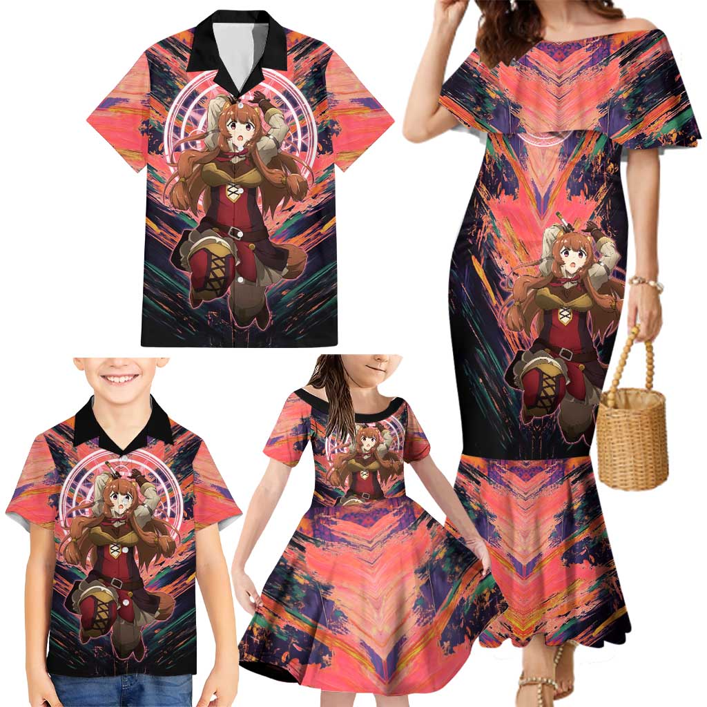 Raphtalia The Rising of the Shield Hero Family Matching Mermaid Dress and Hawaiian Shirt with Magical Circle Effects and Energetic Battle Pose