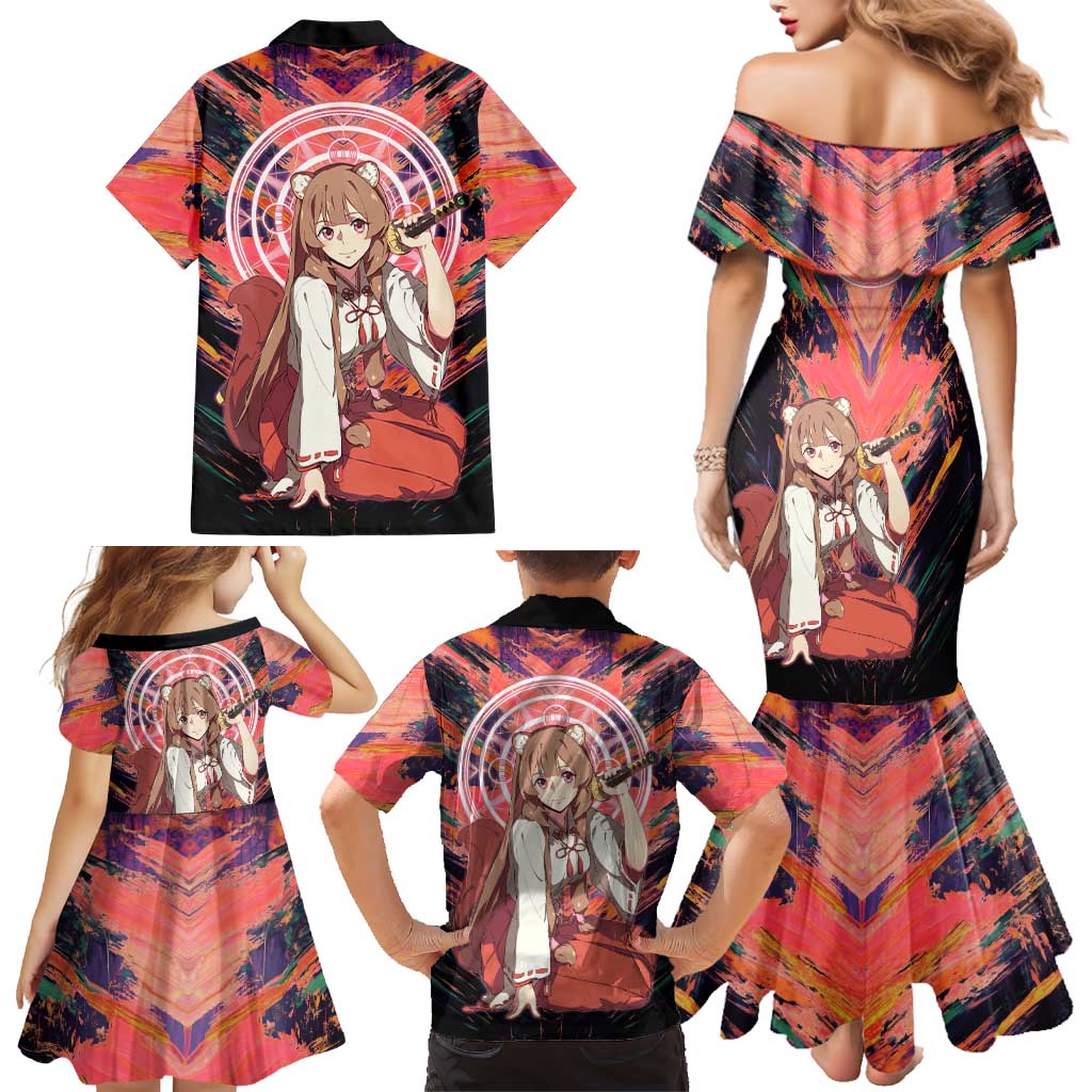 Raphtalia The Rising of the Shield Hero Family Matching Mermaid Dress and Hawaiian Shirt with Magical Circle Effects and Energetic Battle Pose