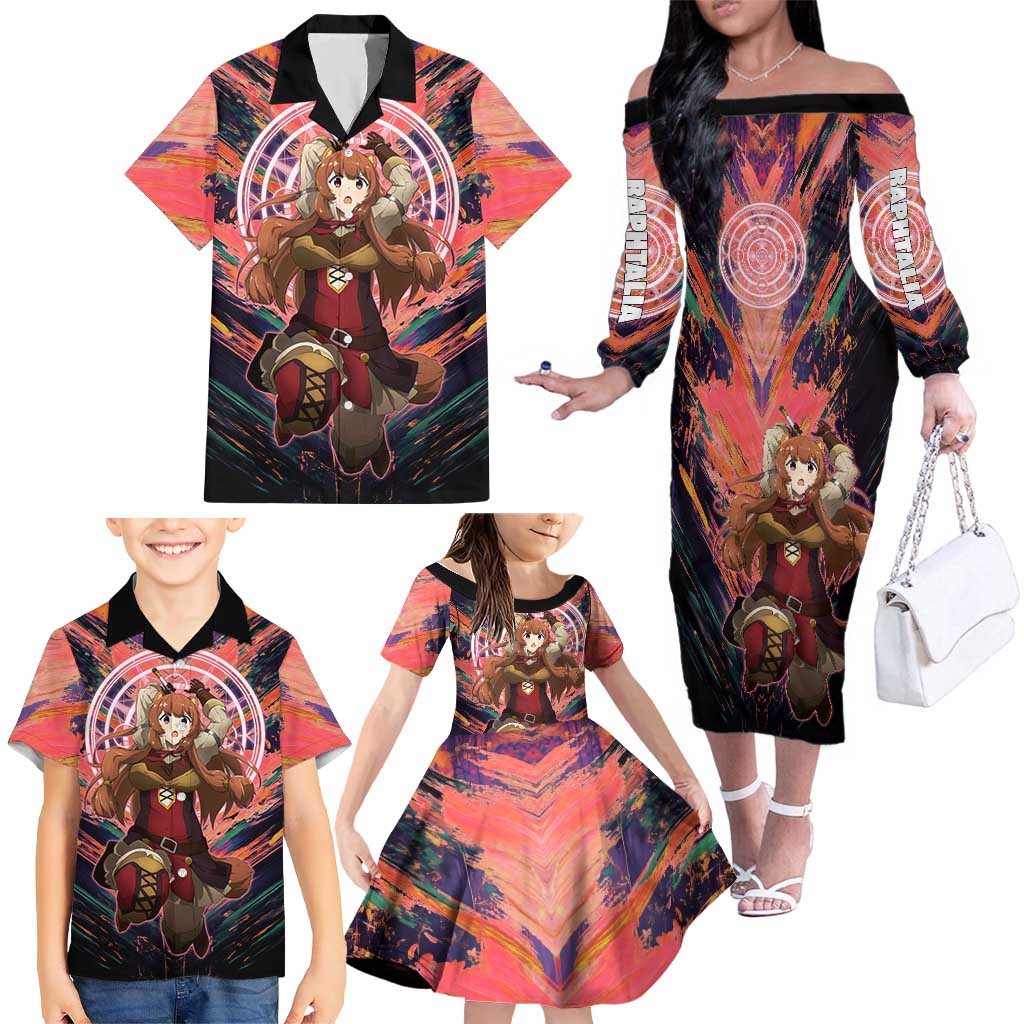 Raphtalia The Rising of the Shield Hero Family Matching Off The Shoulder Long Sleeve Dress and Hawaiian Shirt with Magical Circle Effects and Energetic Battle Pose