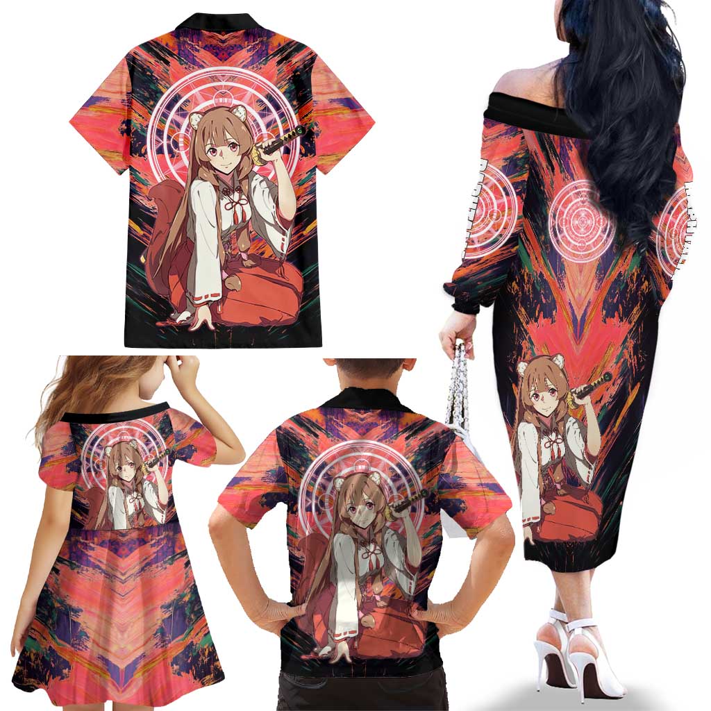 Raphtalia The Rising of the Shield Hero Family Matching Off The Shoulder Long Sleeve Dress and Hawaiian Shirt with Magical Circle Effects and Energetic Battle Pose