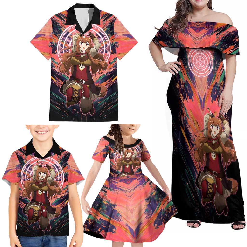 Raphtalia The Rising of the Shield Hero Family Matching Off Shoulder Maxi Dress and Hawaiian Shirt with Magical Circle Effects and Energetic Battle Pose