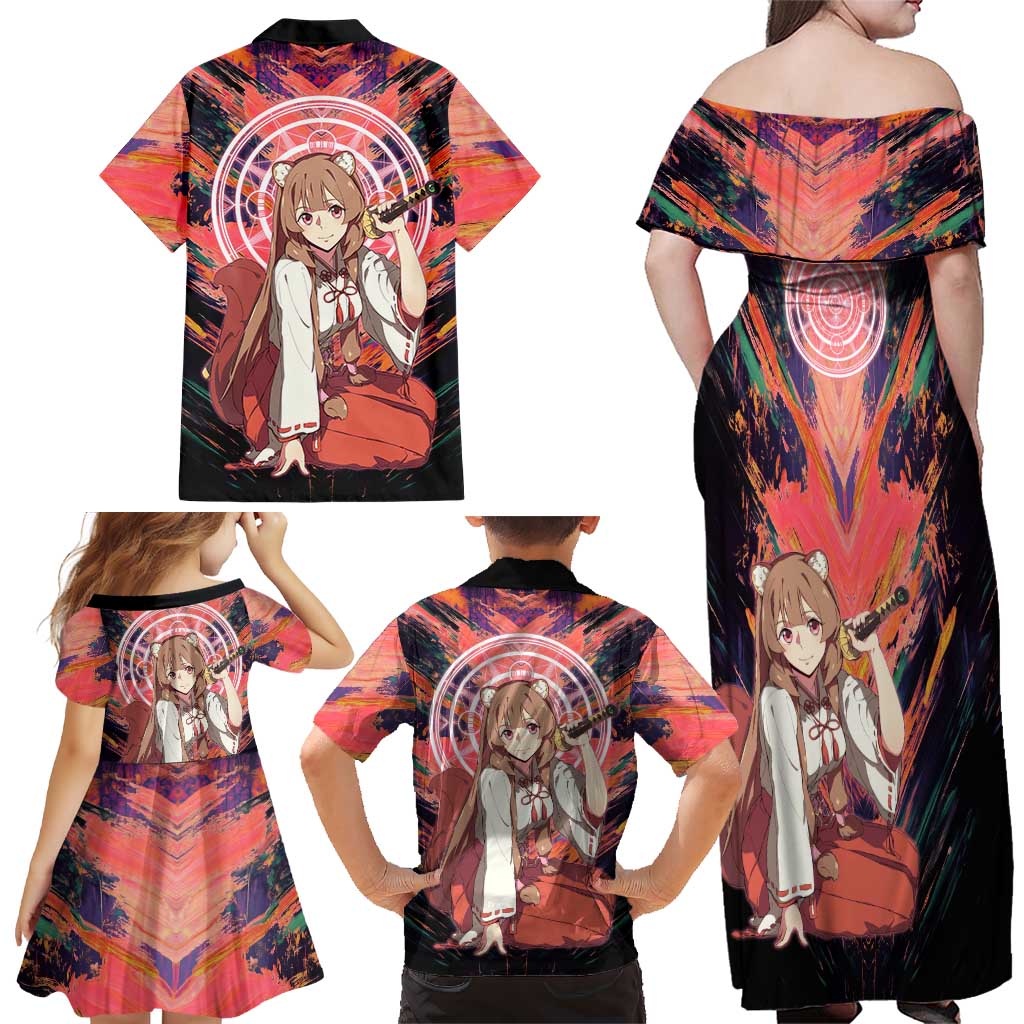 Raphtalia The Rising of the Shield Hero Family Matching Off Shoulder Maxi Dress and Hawaiian Shirt with Magical Circle Effects and Energetic Battle Pose