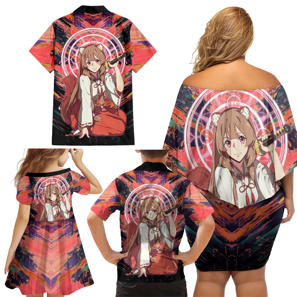 Raphtalia The Rising of the Shield Hero Family Matching Off Shoulder Short Dress and Hawaiian Shirt with Magical Circle Effects and Energetic Battle Pose