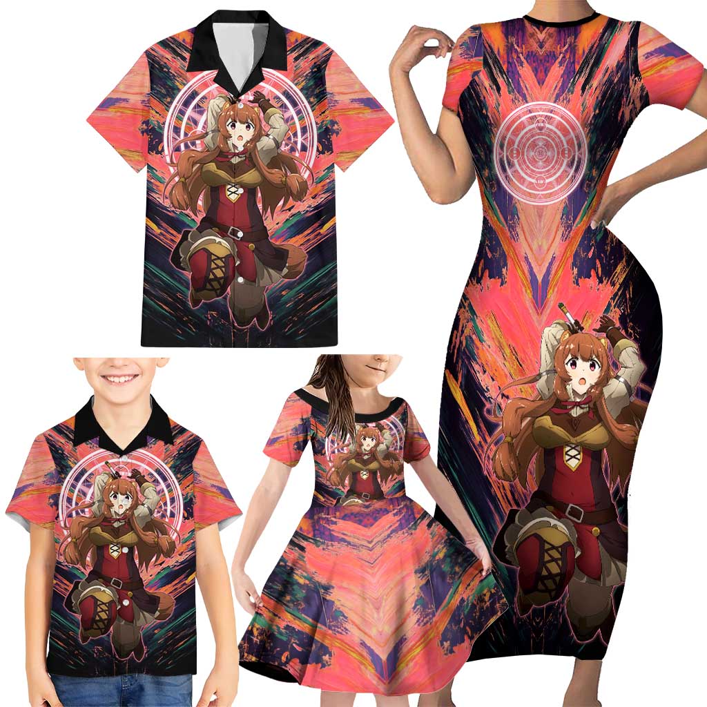 Raphtalia The Rising of the Shield Hero Family Matching Short Sleeve Bodycon Dress and Hawaiian Shirt with Magical Circle Effects and Energetic Battle Pose
