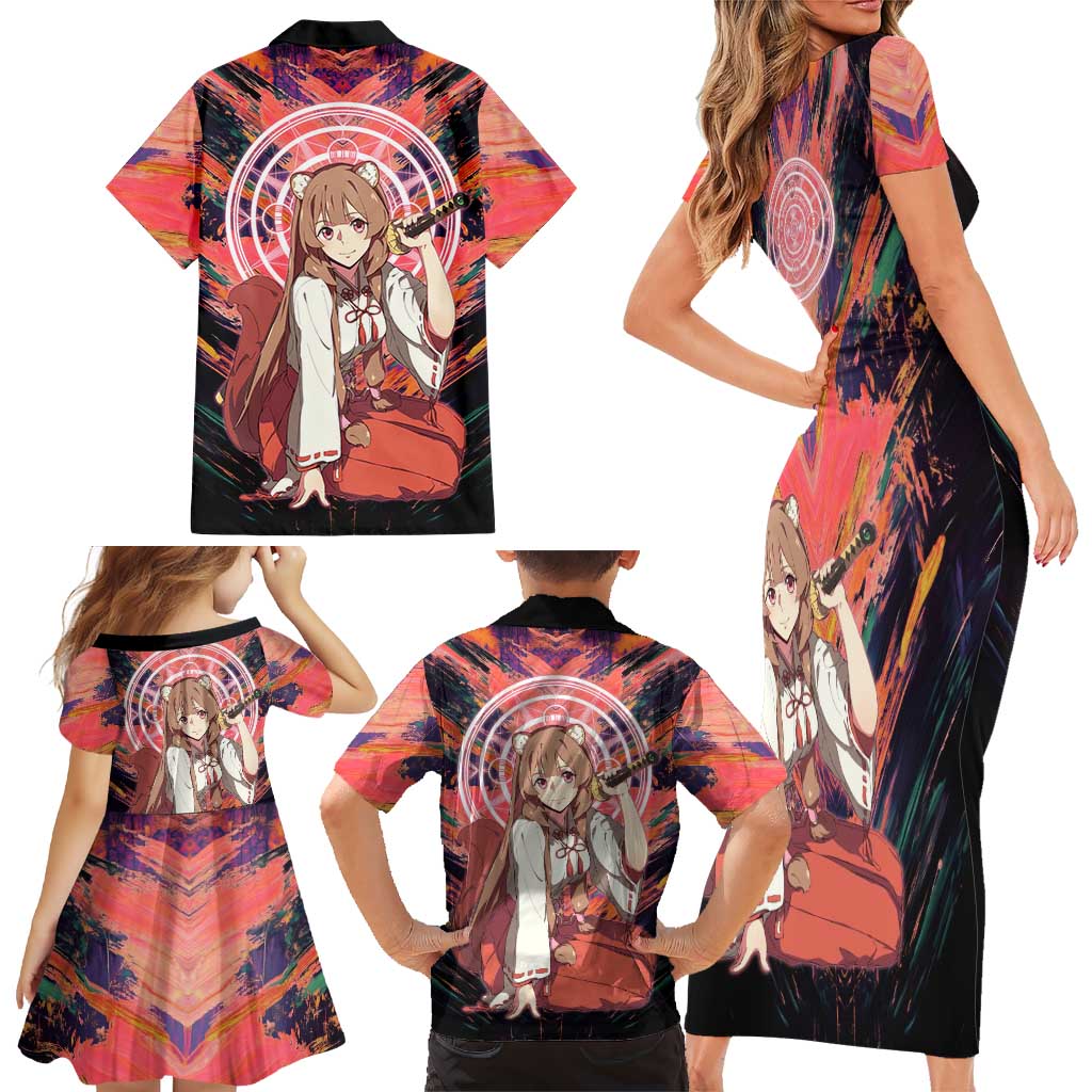 Raphtalia The Rising of the Shield Hero Family Matching Short Sleeve Bodycon Dress and Hawaiian Shirt with Magical Circle Effects and Energetic Battle Pose
