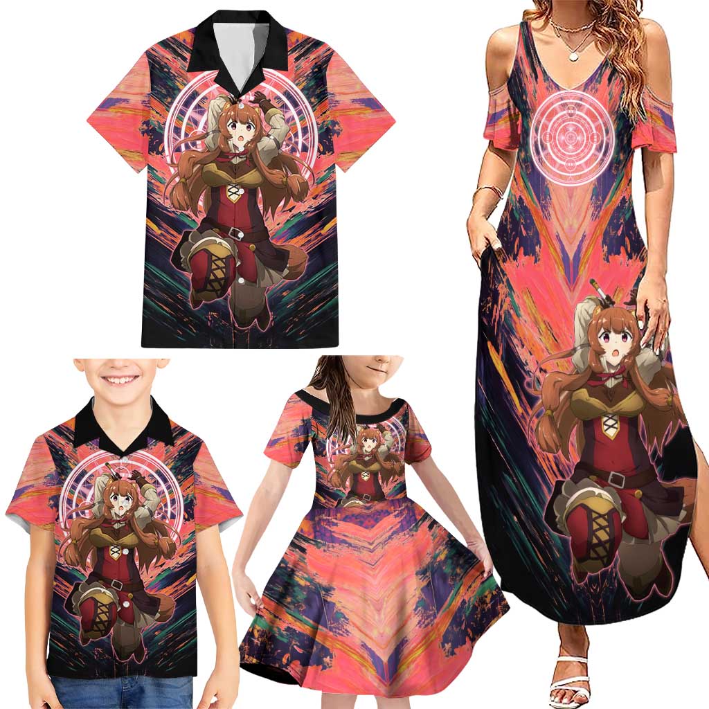 Raphtalia The Rising of the Shield Hero Family Matching Summer Maxi Dress and Hawaiian Shirt with Magical Circle Effects and Energetic Battle Pose