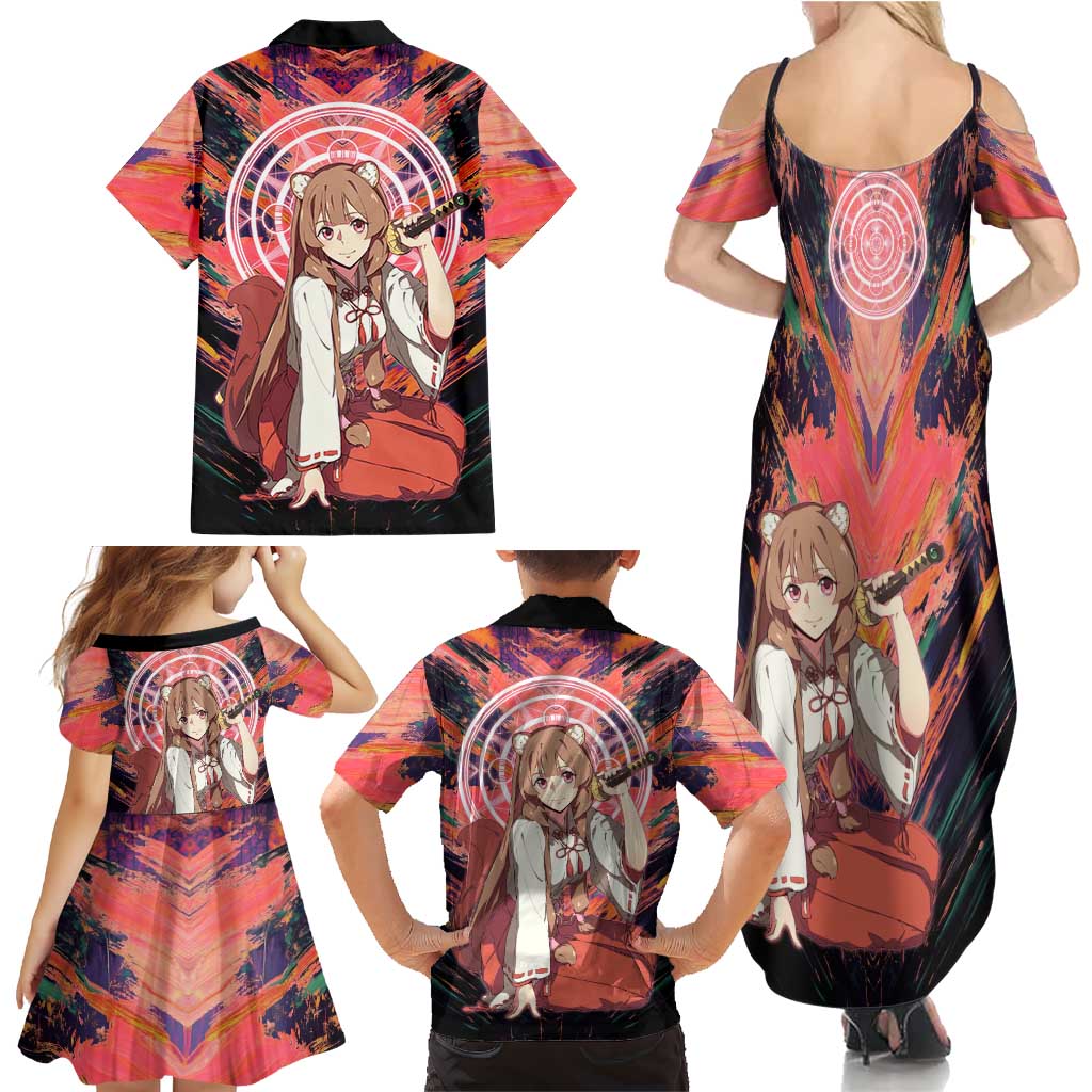 Raphtalia The Rising of the Shield Hero Family Matching Summer Maxi Dress and Hawaiian Shirt with Magical Circle Effects and Energetic Battle Pose