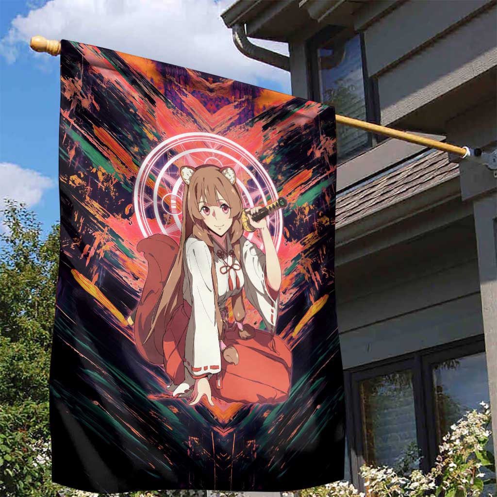 Raphtalia The Rising of the Shield Hero Garden Flag with Magical Circle Effects and Energetic Battle Pose - The Mazicc