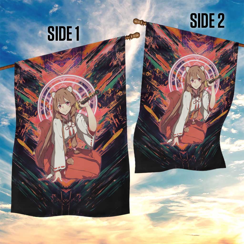Raphtalia The Rising of the Shield Hero Garden Flag with Magical Circle Effects and Energetic Battle Pose - The Mazicc