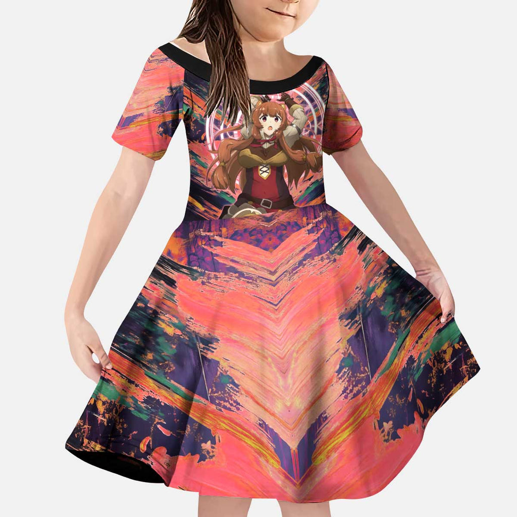 Raphtalia The Rising of the Shield Hero Kid Short Sleeve Dress with Magical Circle Effects and Energetic Battle Pose - The Mazicc