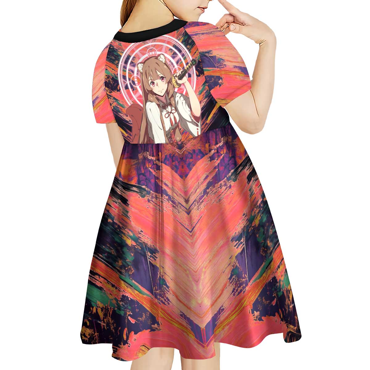 Raphtalia The Rising of the Shield Hero Kid Short Sleeve Dress with Magical Circle Effects and Energetic Battle Pose - The Mazicc
