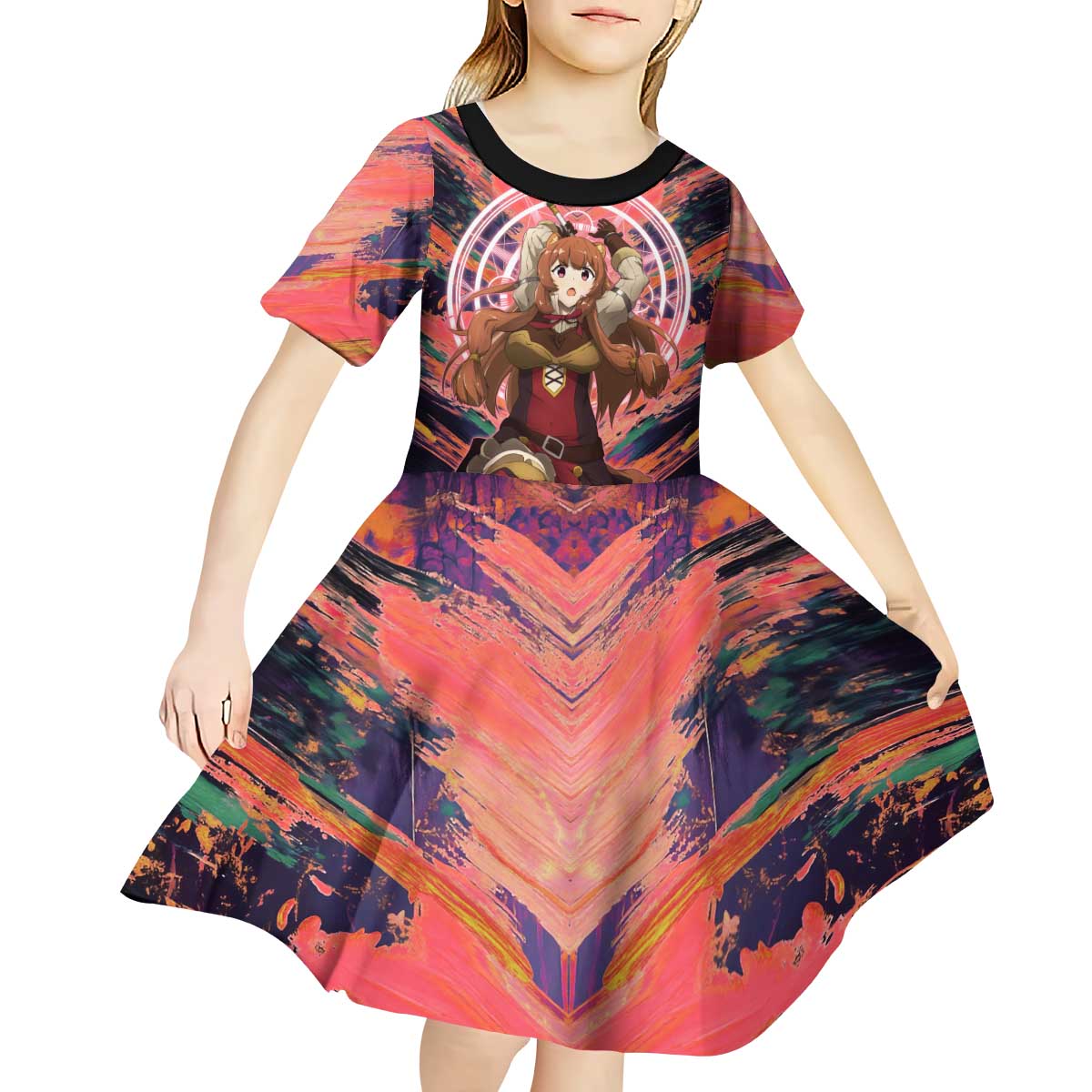 Raphtalia The Rising of the Shield Hero Kid Short Sleeve Dress with Magical Circle Effects and Energetic Battle Pose - The Mazicc