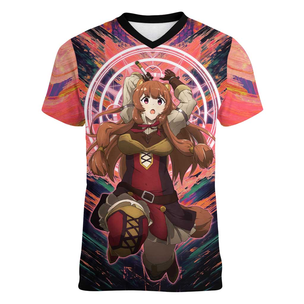 Raphtalia The Rising of the Shield Hero Women V-Neck T-Shirt with Magical Circle Effects and Energetic Battle Pose - The Mazicc