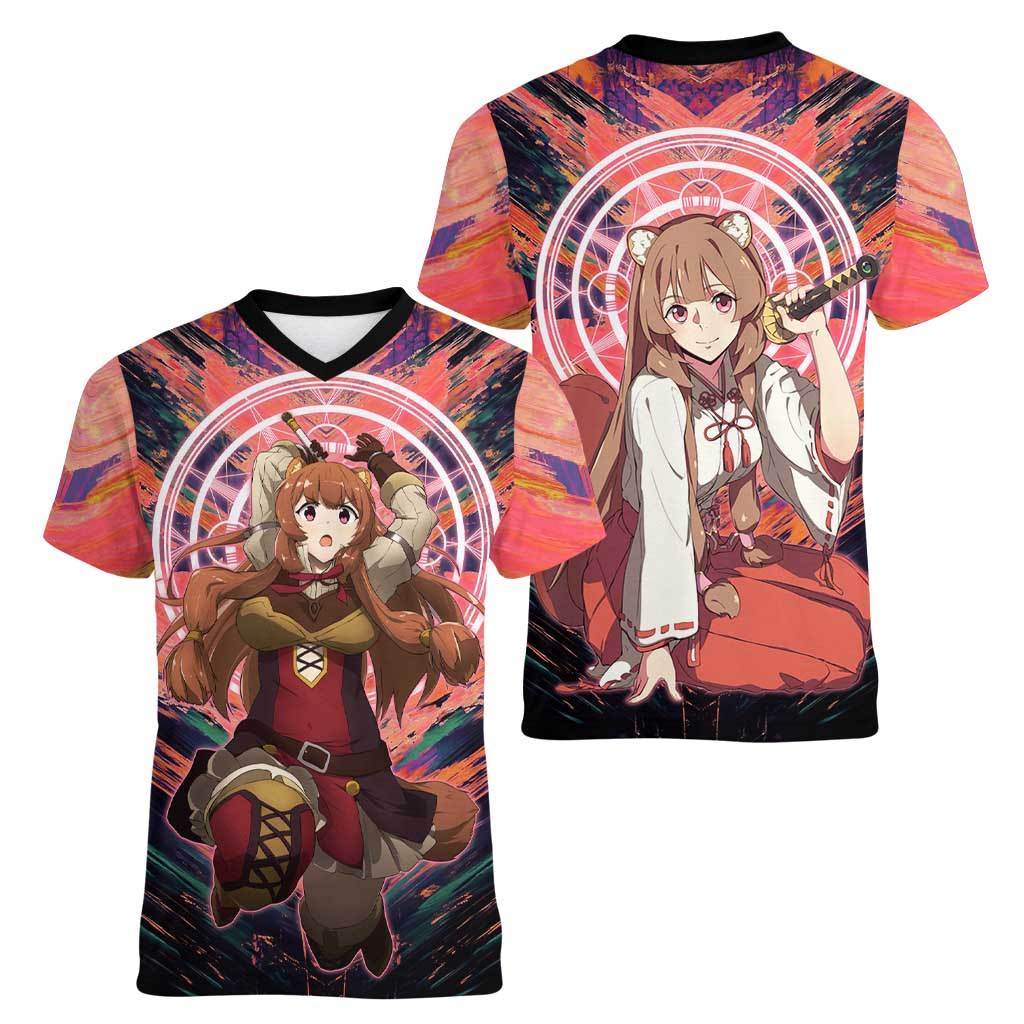 Raphtalia The Rising of the Shield Hero Women V-Neck T-Shirt with Magical Circle Effects and Energetic Battle Pose - The Mazicc