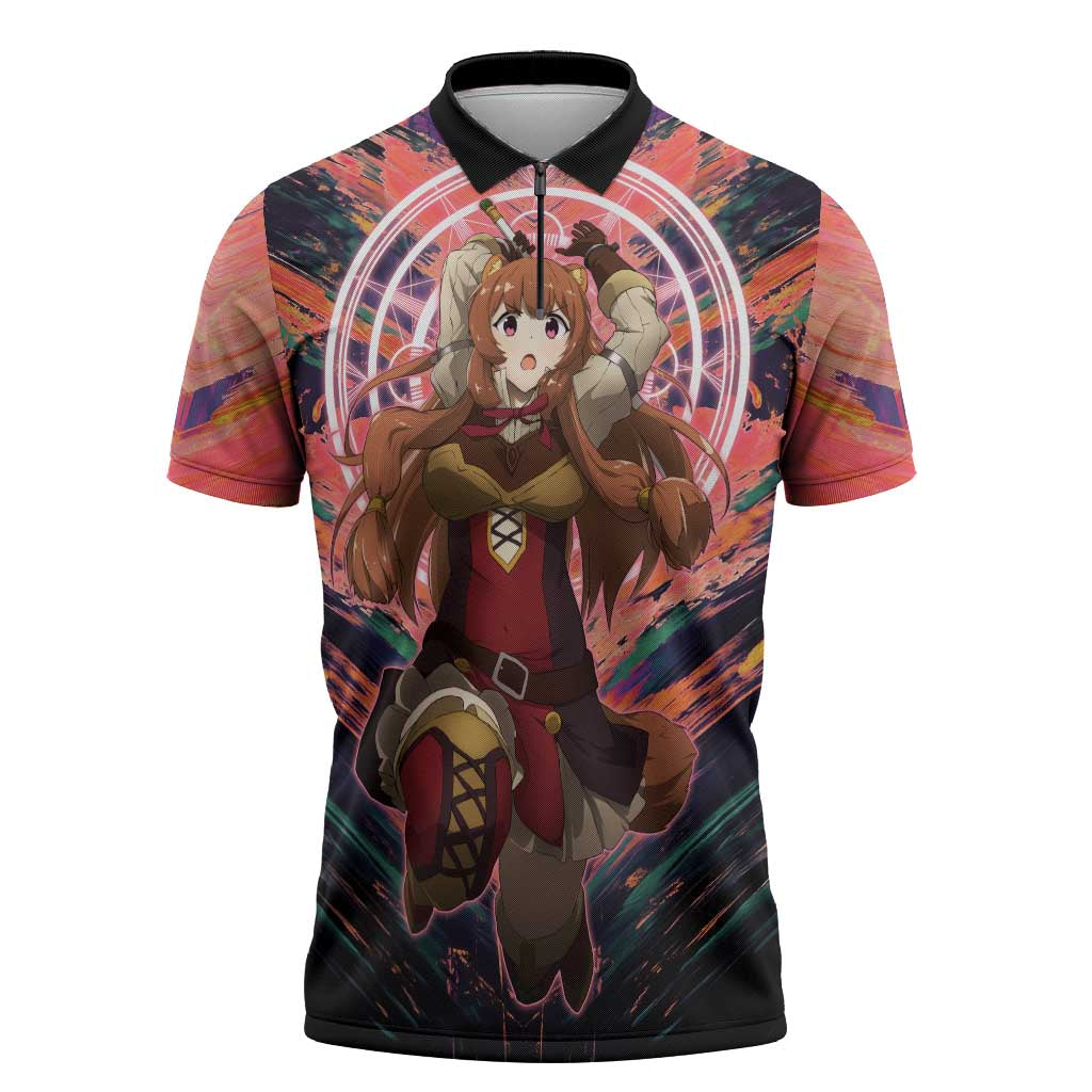 Raphtalia The Rising of the Shield Hero Zipper Polo Shirt with Magical Circle Effects and Energetic Battle Pose - The Mazicc