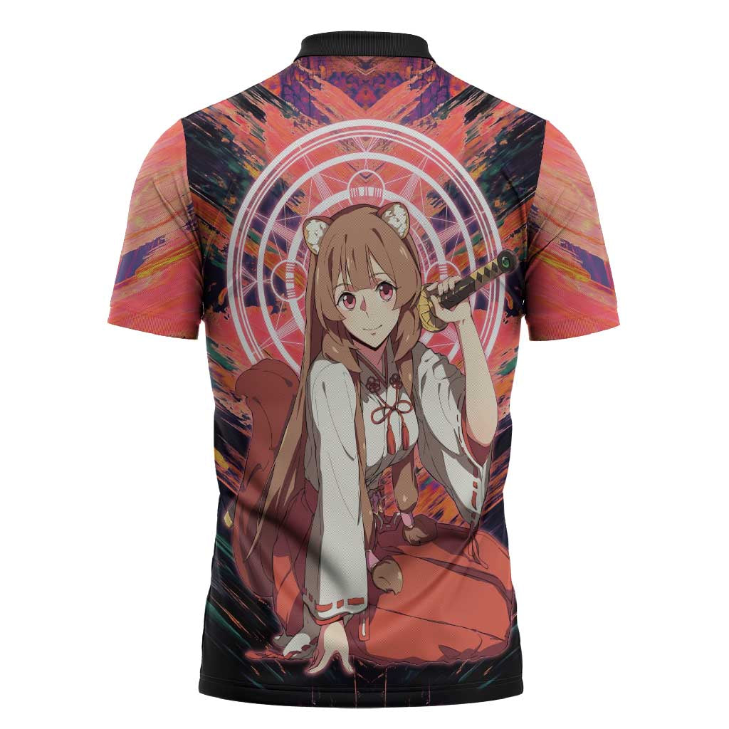 Raphtalia The Rising of the Shield Hero Zipper Polo Shirt with Magical Circle Effects and Energetic Battle Pose - The Mazicc