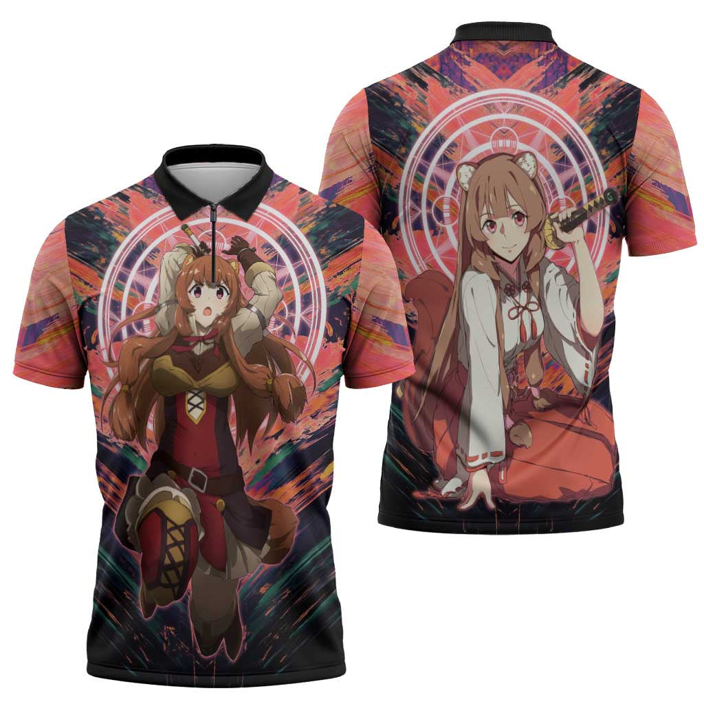 Raphtalia The Rising of the Shield Hero Zipper Polo Shirt with Magical Circle Effects and Energetic Battle Pose - The Mazicc