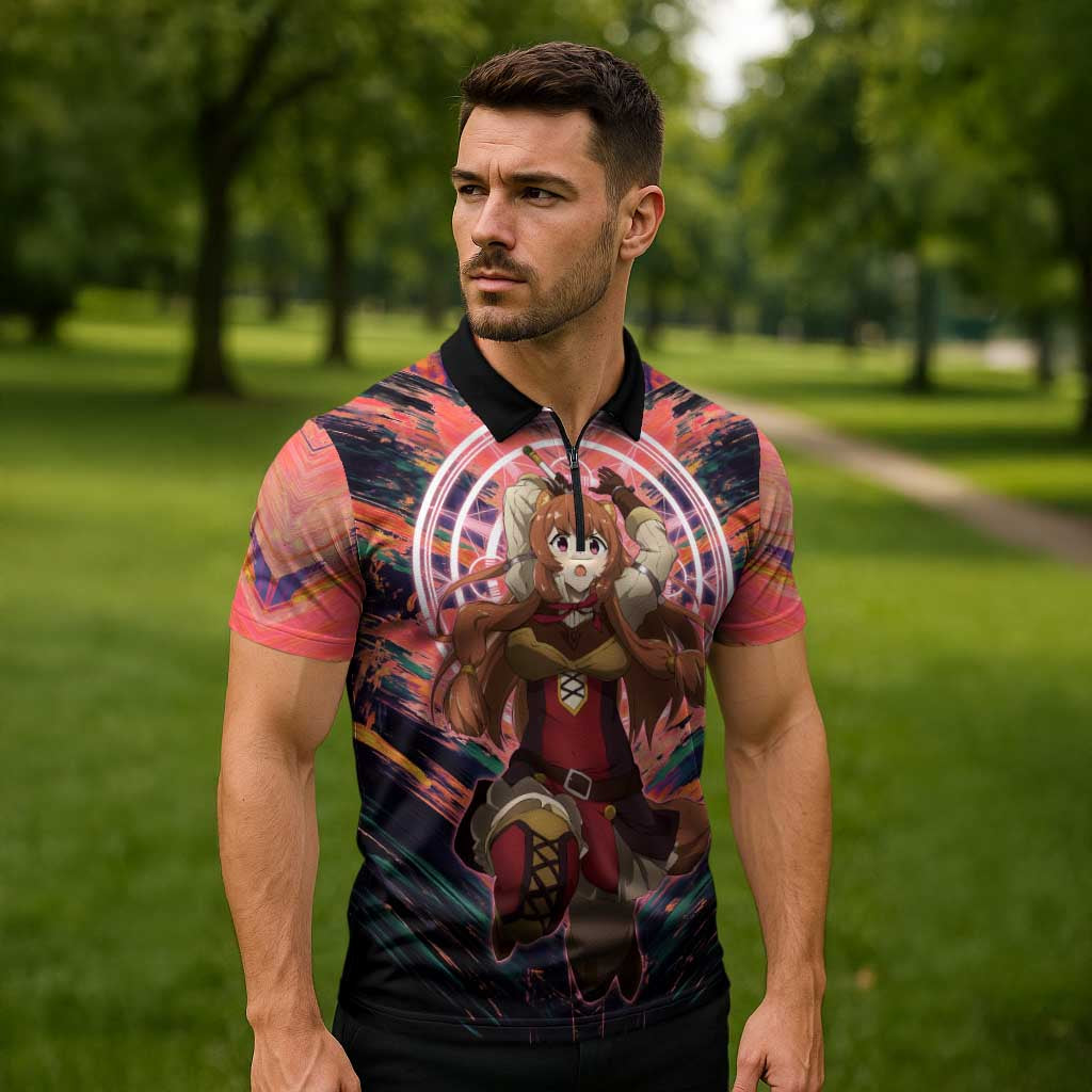 Raphtalia The Rising of the Shield Hero Zipper Polo Shirt with Magical Circle Effects and Energetic Battle Pose - The Mazicc