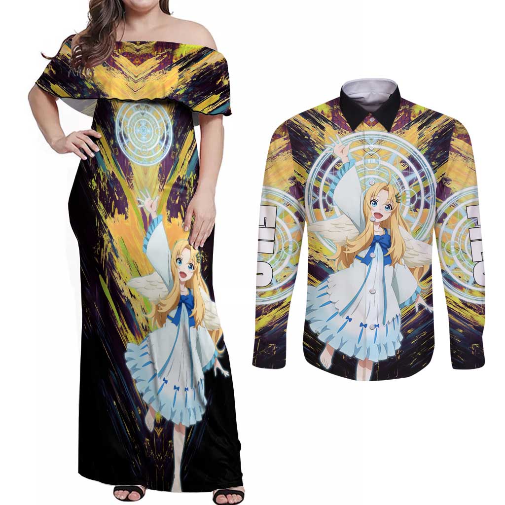 Filo The Rising of the Shield Hero Couples Matching Off Shoulder Maxi Dress and Long Sleeve Button Shirt with Magical Aura and Dual Form Design - The Mazicc