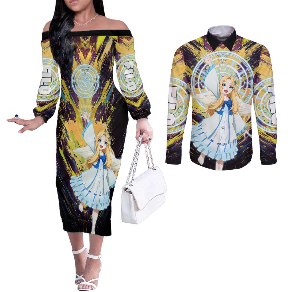 Filo The Rising of the Shield Hero Couples Matching Off The Shoulder Long Sleeve Dress and Long Sleeve Button Shirt with Magical Aura and Dual Form Design - The Mazicc