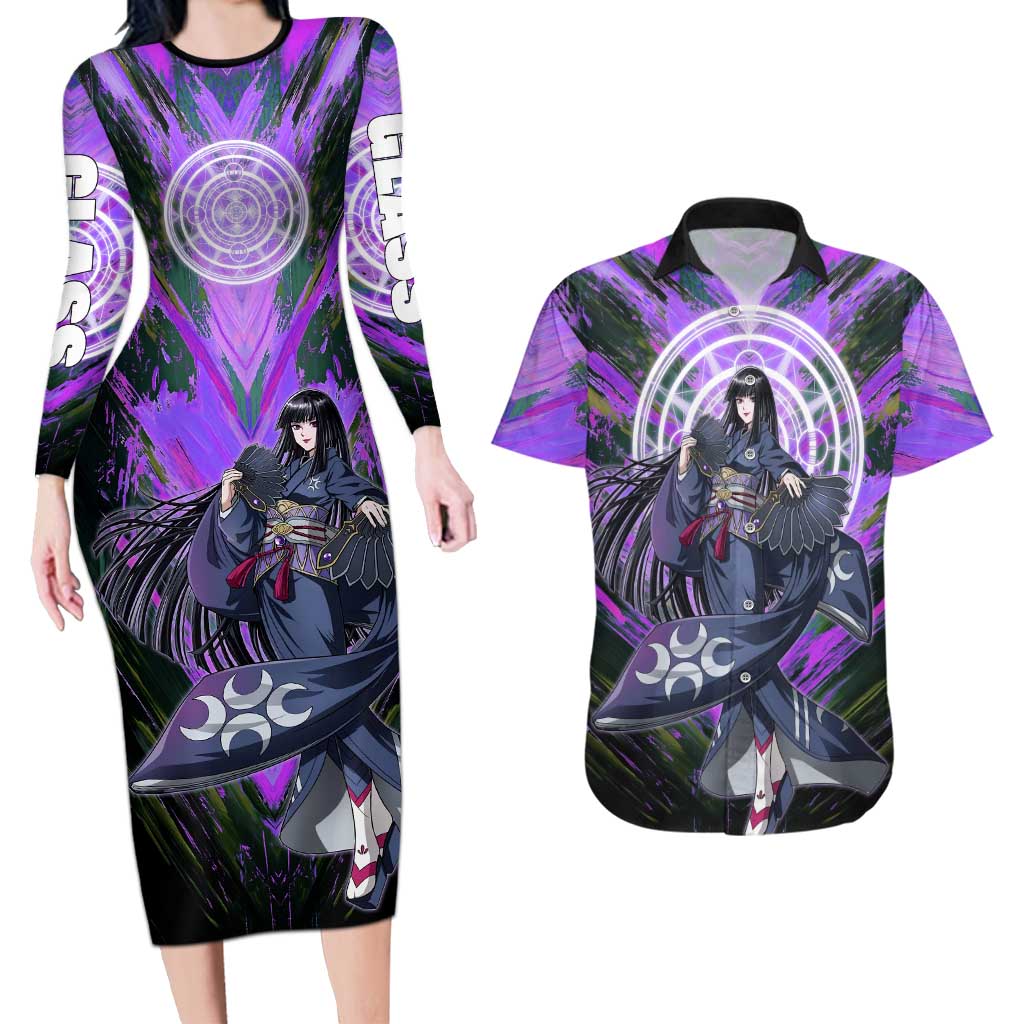 Glass The Rising of the Shield Hero Couples Matching Long Sleeve Bodycon Dress and Hawaiian Shirt with Elegant Battle Kimono and Spirit Energy Circle Design - The Mazicc