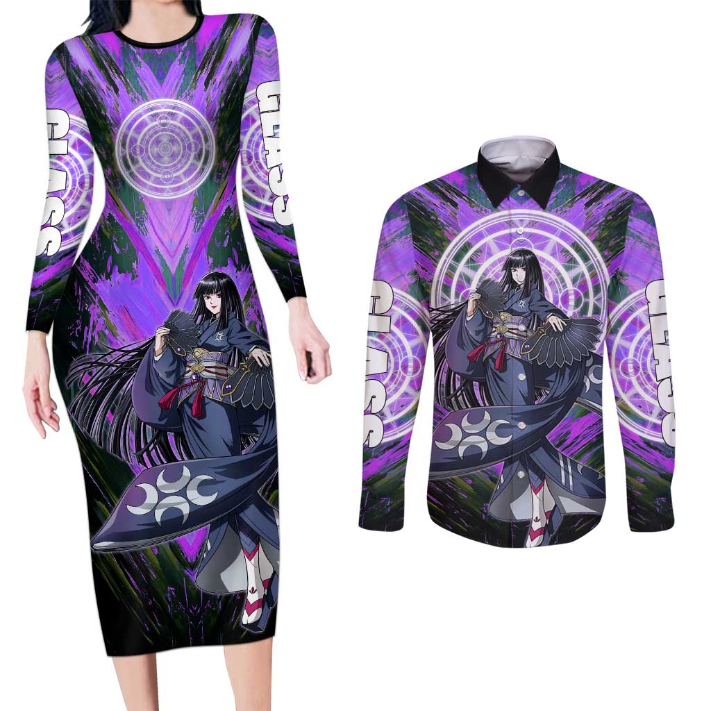 Glass The Rising of the Shield Hero Couples Matching Long Sleeve Bodycon Dress and Long Sleeve Button Shirt with Elegant Battle Kimono and Spirit Energy Circle Design - The Mazicc