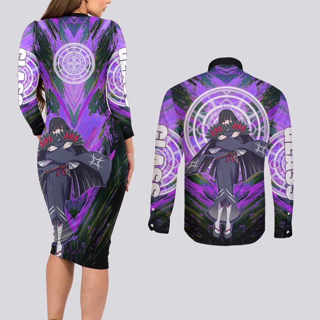 Glass The Rising of the Shield Hero Couples Matching Long Sleeve Bodycon Dress and Long Sleeve Button Shirt with Elegant Battle Kimono and Spirit Energy Circle Design - The Mazicc