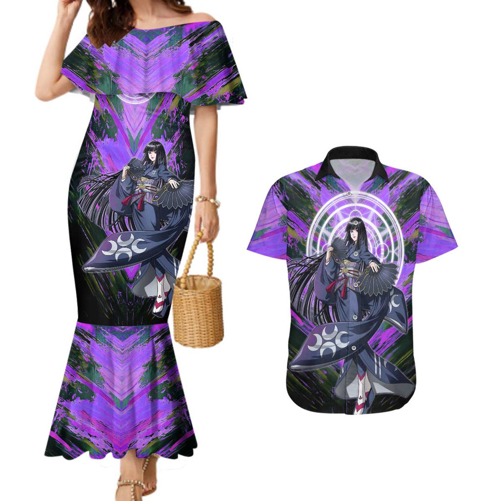 Glass The Rising of the Shield Hero Couples Matching Mermaid Dress and Hawaiian Shirt with Elegant Battle Kimono and Spirit Energy Circle Design - The Mazicc