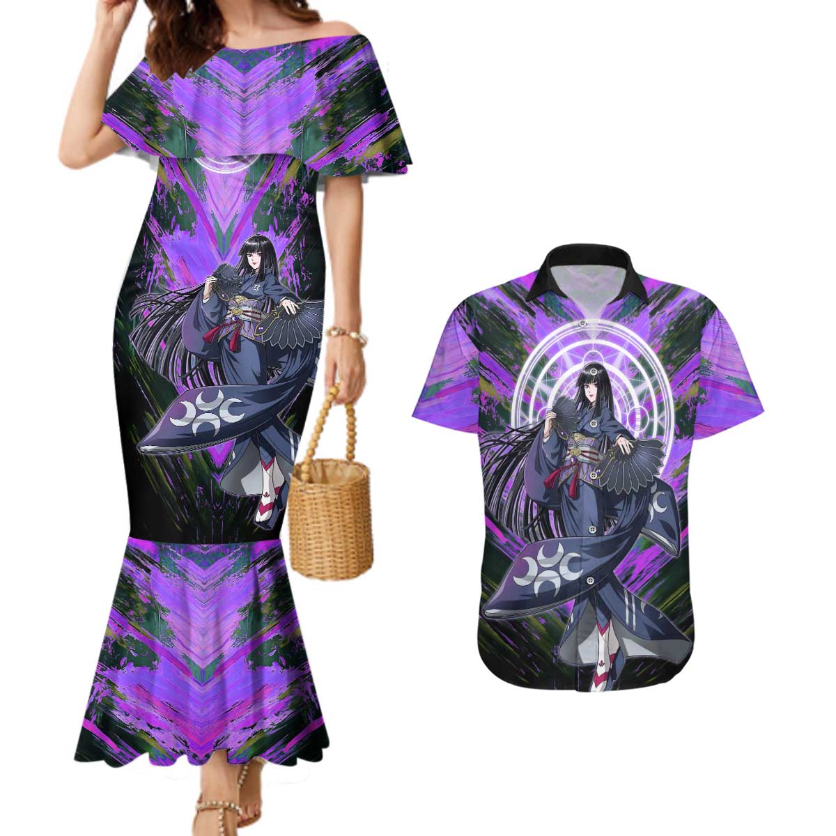 Glass The Rising of the Shield Hero Couples Matching Mermaid Dress and Hawaiian Shirt with Elegant Battle Kimono and Spirit Energy Circle Design - The Mazicc