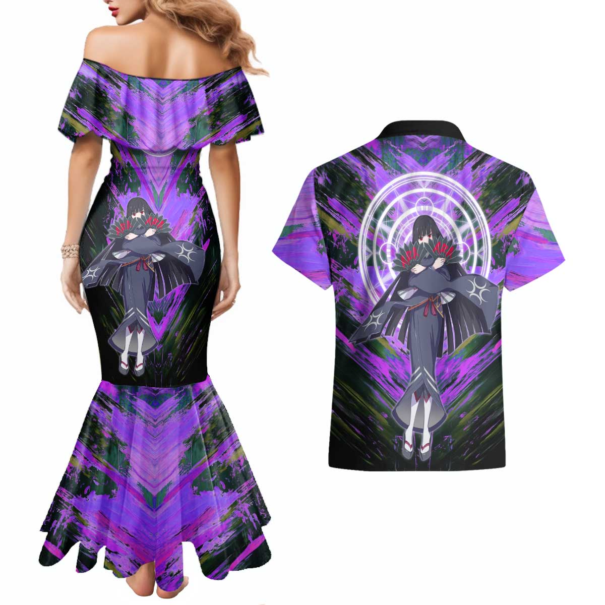Glass The Rising of the Shield Hero Couples Matching Mermaid Dress and Hawaiian Shirt with Elegant Battle Kimono and Spirit Energy Circle Design - The Mazicc