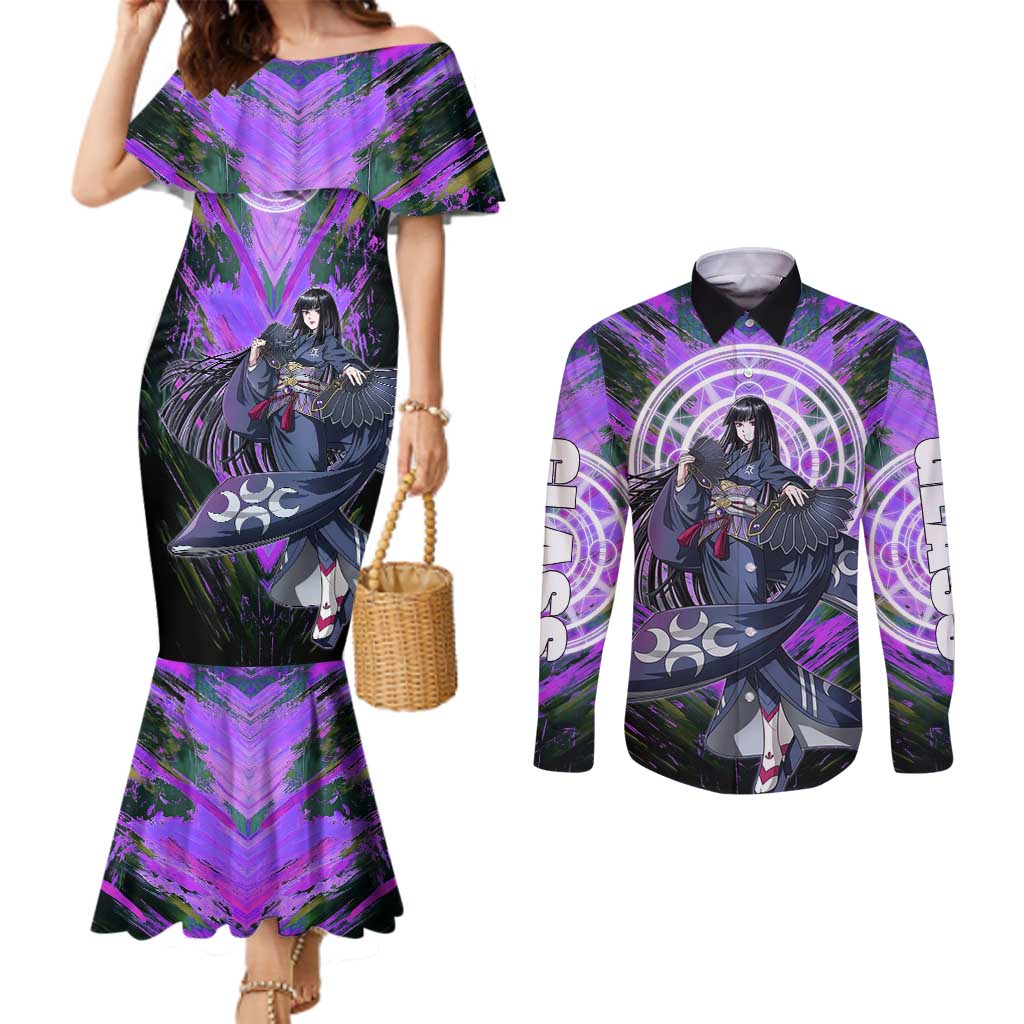 Glass The Rising of the Shield Hero Couples Matching Mermaid Dress and Long Sleeve Button Shirt with Elegant Battle Kimono and Spirit Energy Circle Design - The Mazicc