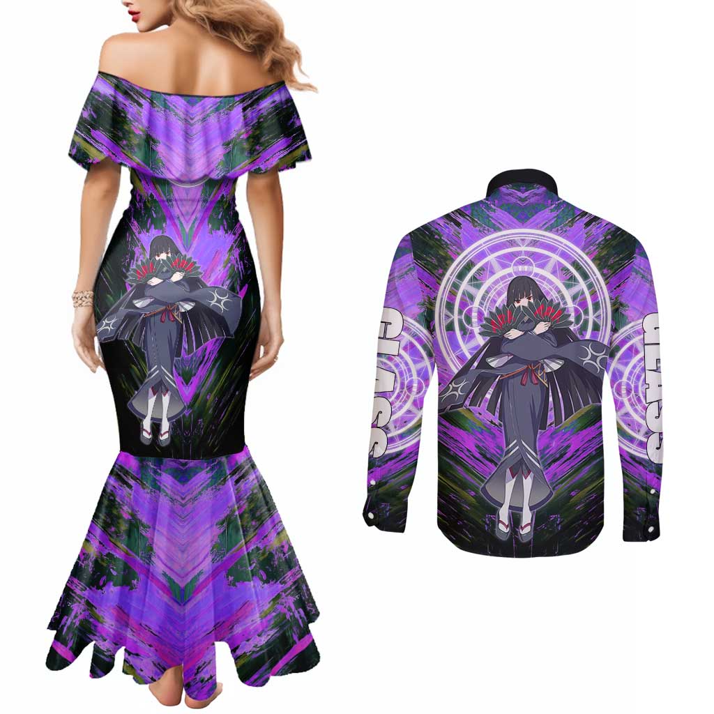 Glass The Rising of the Shield Hero Couples Matching Mermaid Dress and Long Sleeve Button Shirt with Elegant Battle Kimono and Spirit Energy Circle Design - The Mazicc