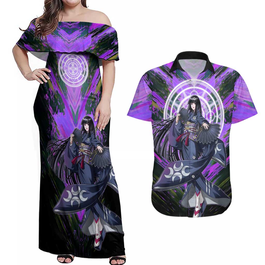 Glass The Rising of the Shield Hero Couples Matching Off Shoulder Maxi Dress and Hawaiian Shirt with Elegant Battle Kimono and Spirit Energy Circle Design - The Mazicc
