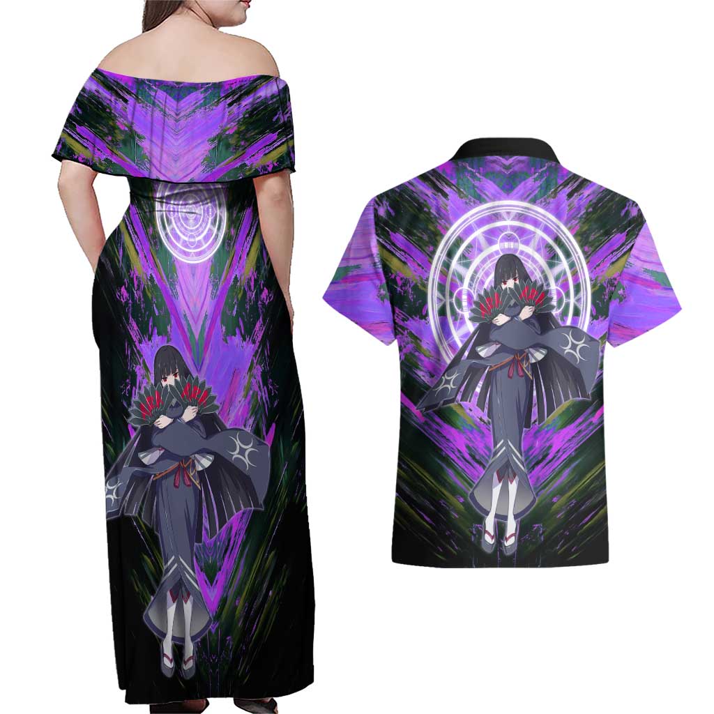 Glass The Rising of the Shield Hero Couples Matching Off Shoulder Maxi Dress and Hawaiian Shirt with Elegant Battle Kimono and Spirit Energy Circle Design - The Mazicc
